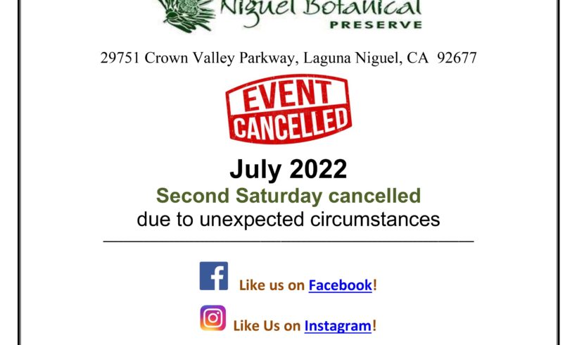 Second Saturday July 2022 Event Cancelled